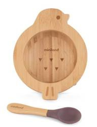 Miniland Eco Friendly Drewniana Miseczka z Przyssawką i Łyżeczką Ptaszek