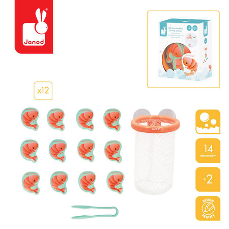 Janod Łapacz krewetek do kąpieli kosz z przyssawkami i 12 krewetkami 2+