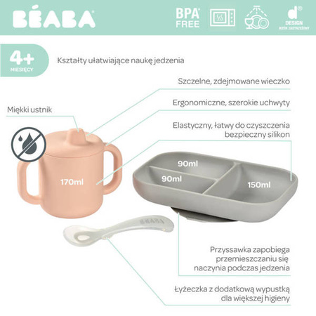 Beaba Komplet Naczyń z Silikonu Trójdzielny Talerz z Przyssawka + kubeczek z pokrywka z ustnikiem + łyżeczka Pink
