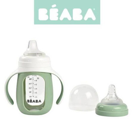 Beaba Szklana Butelka Treningowa w Silikonowej Osłonce 2w1 210 ml Sage Green
