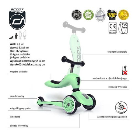 Scootandride Highwaykick 1 Jeździk i Hulajnoga 2w1 1-5 Lat + Scootandride Kask Dla Dzieci S-M Kiwi
