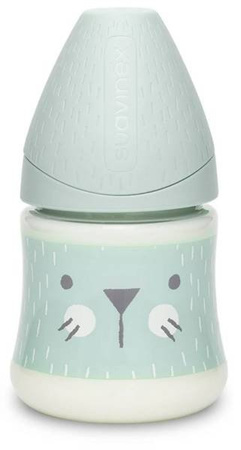 Suavinex Butelka 150ml Premium smoczek okrągły silikonowy o wolnym przepływie  Kotek miętowy Hygge Baby