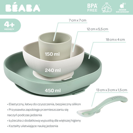 Beaba Komplet naczyń z silikonu z przyssawką Sage Green