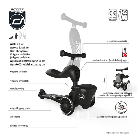 [OUTLET] Scootandride Highwaykick 1 Lifestyle 2w1 Jeżdzik i Hulajnoga Trójkołowa z Zamykanym Schowkiem 1-5 lat Zebra