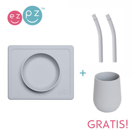 EZPZ Silikonowa miseczka z podkładką 2w1 Mini Bowl + GRATIS silikonowy kubeczek Mini Cup 120ml z 2 słomkami  pastelowa szarość