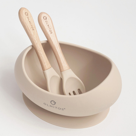 Olmitos Miseczka silikonowa ze sztućcami beżowy