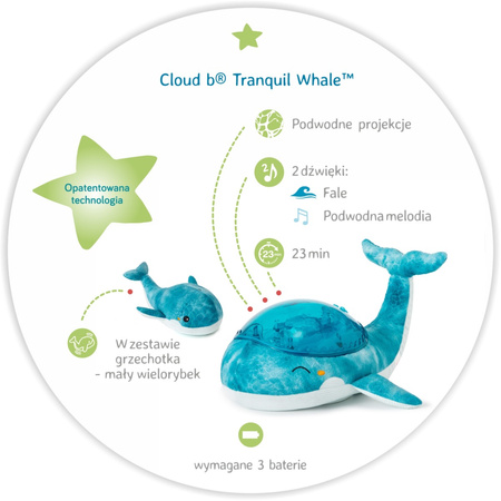Cloud B Tranquil Whale Blue Family Lampka z Projekcją i Grzechotką Wieloryb Niebieski