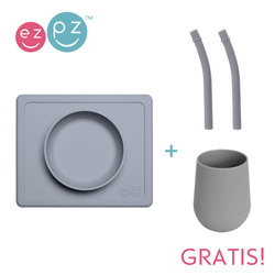 EZPZ Silikonowa miseczka z podkładką 2w1 Mini Bowl + GRATIS silikonowy kubeczek Mini Cup 120ml z 2 słomkami szary