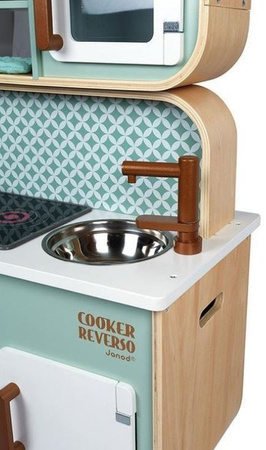 Janod Dwustronna Drewniana Kuchnia z Pralką 2w1 z Dźwiękiem, Światłem Led i 8 Akcesoriami