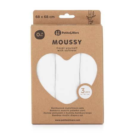 Petite&Mars Zestaw Pieluszek z Muślinu Bambusowego 3 szt. Moussy Total White 
