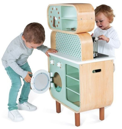 Janod Dwustronna Drewniana Kuchnia z Pralką 2w1 z Dźwiękiem, Światłem Led i 8 Akcesoriami