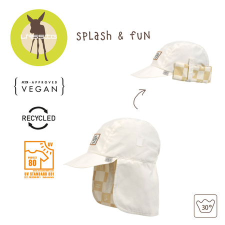 Lassig Czapka z filtrem UV80 z daszkiem i osłoną karku Splash & Fun Krata vanilla/sea salt, rozm. 52/53