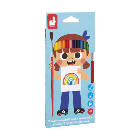 Janod Kredki akwarelowe z pędzelkiem 12 kolorów 3+