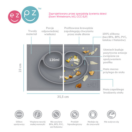 EZPZ Silikonowy talerzyk z podkładką 2w1 Happy Mat + GRATIS komplet silikonowych sztućców szary