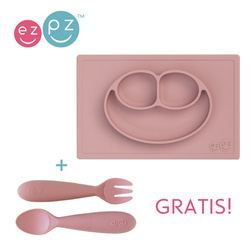 EZPZ Silikonowy talerzyk z podkładką 2w1 Happy Mat + GRATIS komplet silikonowych sztućców pastelowy róż