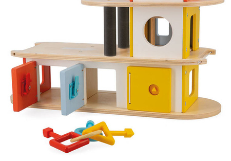Janod Drewniany garaż piętrowy z 4 akcesoriami Bolid 2+