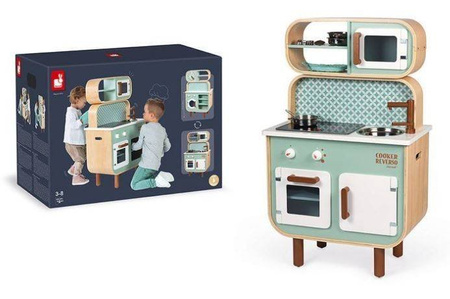 Janod Dwustronna Drewniana Kuchnia z Pralką 2w1 z Dźwiękiem, Światłem Led i 8 Akcesoriami