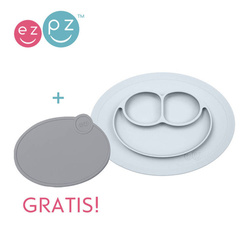 EZPZ Silikonowy talerzyk z podkładką mały 2w1 Mini Mat pastelowa szarość + pokrywka GRATIS szara