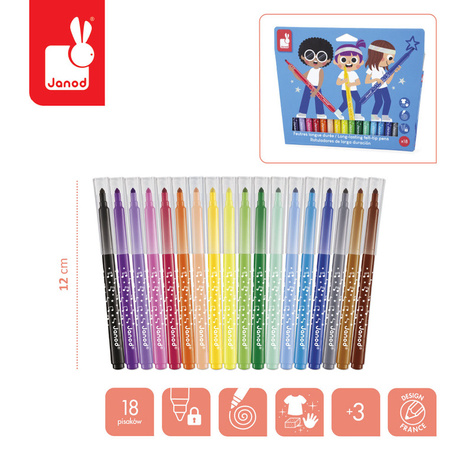 Janod Flamastry pisaki z filcową końcówką 18 kolorów 3+