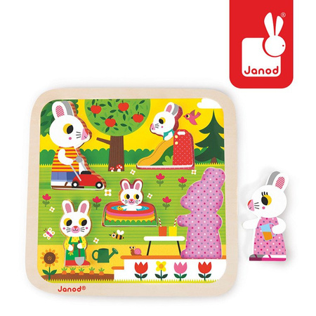 Janod Układanka drewniana 3D Rodzina króliczków w ogrodzie
