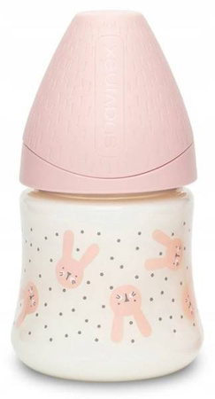 Suavinex Butelka 150ml Premium smoczek okrągły silikonowy o wolnym przepływie Królik różowy Hygge Baby