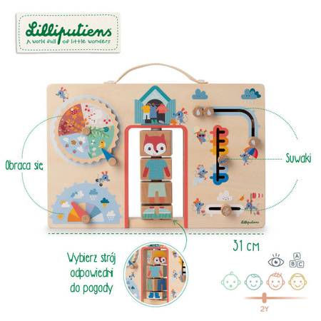 Lilliputiens Drewniana tablica manipulacyjna walizka "Ubranie na każdą pogodę" Lisiczka Alice 2 lata +