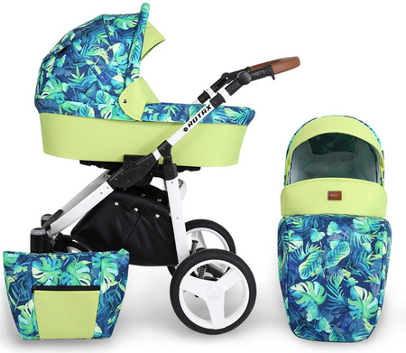 Kunert Rotax Wózek Głęboko-Spacerowy Limonka + Liście Biała Rama Koła Żelowe