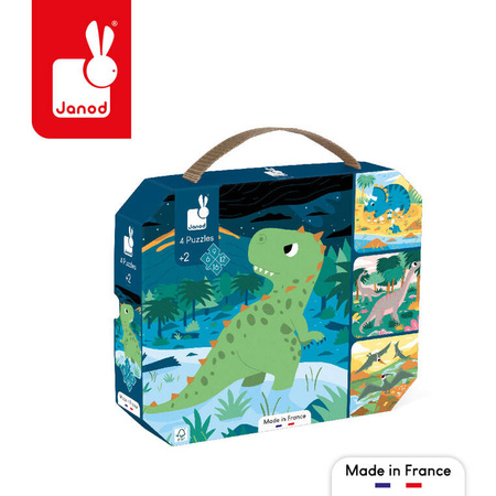 Janod Puzzle progresywne w walizce Dinozaury 4 układanki – 6, 9, 12 i 16 elementów 2+, Made in France (stary indeks: J02657)