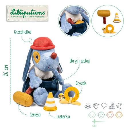 Lilliputiens Przytulanka aktywizująca wielofunkcyjna z akcesoriami Piesek Jules 9 m+