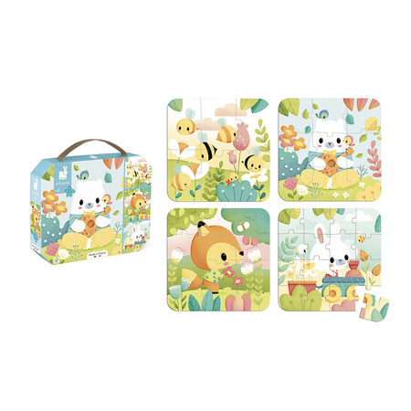 Janod Puzzle progresywne w walizce Zwierzątka Pure 4 układanki – 6, 9, 12 i 16 elementów 2+ Made in France