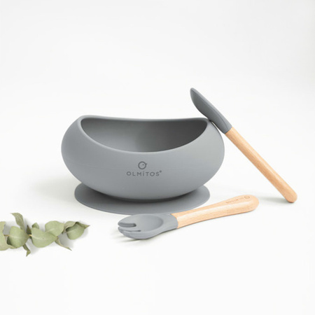 Olmitos Miseczka silikonowa ze sztućcami szare