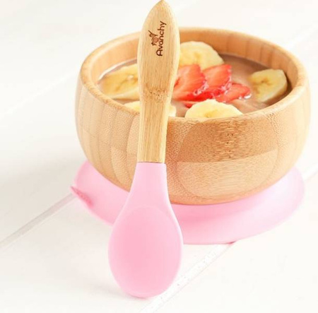 Avanchy Baby Bambusowa Miseczka z Przyssawką i Łyżeczką 4m+ Pink
