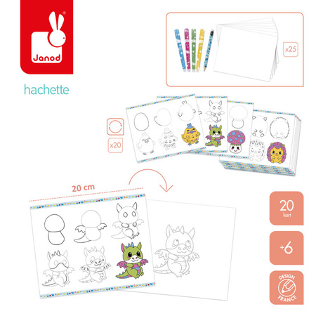 Janod Zestaw kreatywny Rysowanie krok po kroku z brokatowymi markerami 20 rysunków i kolorowanek 6+