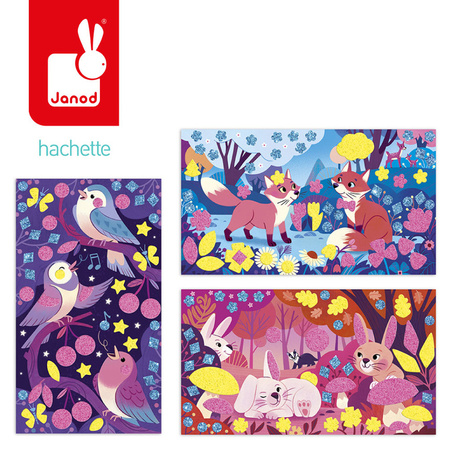 Janod Zestaw kreatywny Naklejki piankowe i fluorescencyjne piaski Leśni przyjaciele 6+