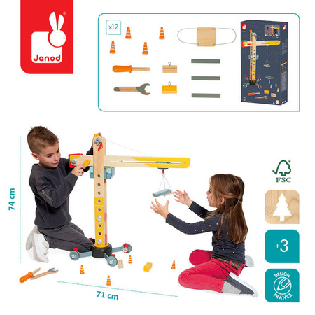 Janod Duży drewniany dźwig do składania z narzędziami 3+