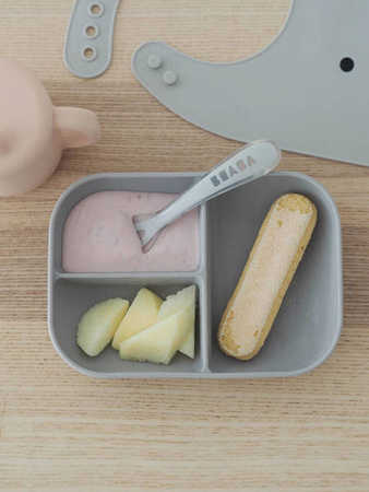 Beaba Komplet Naczyń z Silikonu Trójdzielny Talerz z Przyssawka + kubeczek z pokrywka z ustnikiem + łyżeczka Pink