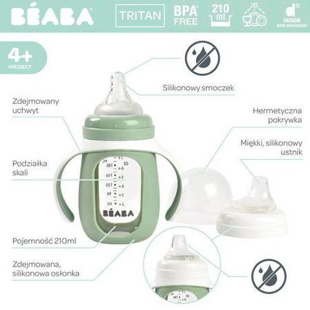 Beaba Szklana Butelka Treningowa w Silikonowej Osłonce 2w1 210 ml Sage Green