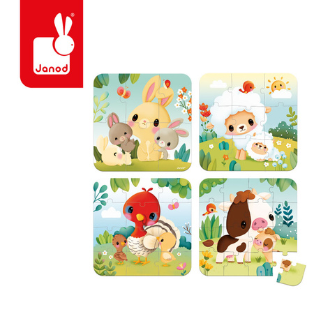 Janod Puzzle progresywne w walizce Zwierzątka na farmie 4 układanki – 6, 9, 12 i 16 elementów 2+