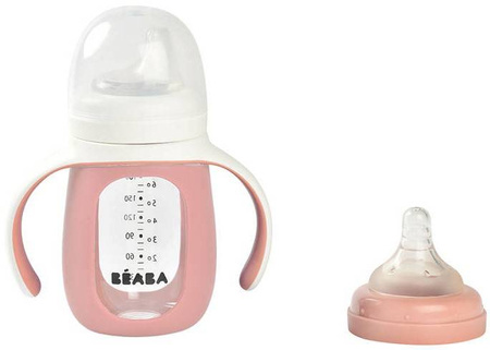 Beaba Szklana Butelka Treningowa w Silikonowej Osłonce 2w1 210 ml Old Pink
