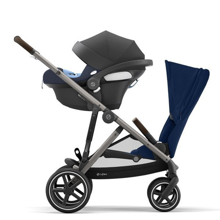 Cybex Gazelle S Wózek Bliźniaczy Rok po Roku + Cybex Aton M I-Size & SensorSafe 0-13 kg RWF + Adaptery  Navy Blue rama Taupe