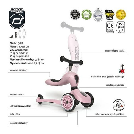 Scootandride Highwaykick 1 Jeździk i Hulajnoga 2w1 1-5 lat + Scootandride Kask Dla Dzieci S-M Rose