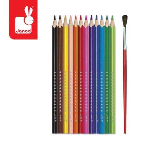Janod Kredki akwarelowe z pędzelkiem 12 kolorów 3+