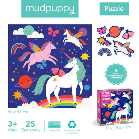 Mudpuppy Puzzle podłogowe z unikalnymi kształtami Magiczne jednorożce 25 elementów 3+