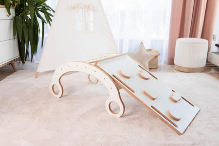 GUGI Bujak Montessori M Drewniany + Zjeżdżalnia + Ścianka + Poduszka Welurowa Szary