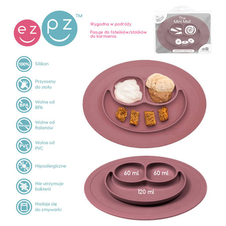 EZPZ Silikonowy talerzyk z podkładką mały 2w1 Mini Mat Mauve + pokrywka GRATIS pastelowy róż