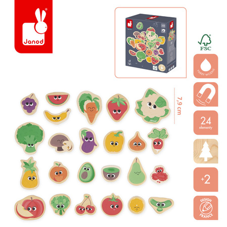 Janod Magnesy drewniane Owoce i warzywa 24 szt. 2+