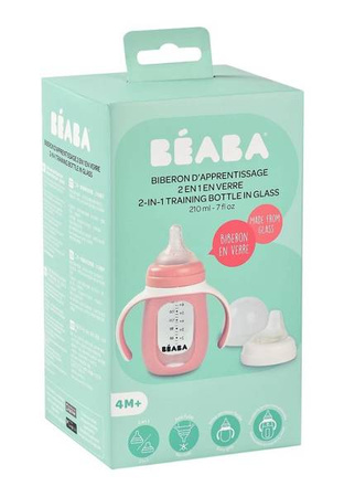 Beaba Szklana Butelka Treningowa w Silikonowej Osłonce 2w1 210 ml Old Pink