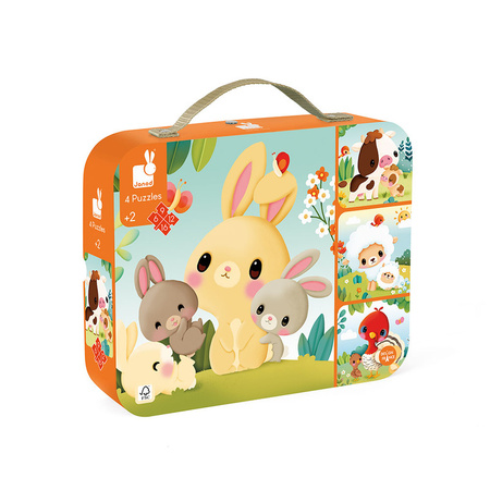 Janod Puzzle progresywne w walizce Zwierzątka na farmie 4 układanki – 6, 9, 12 i 16 elementów 2+