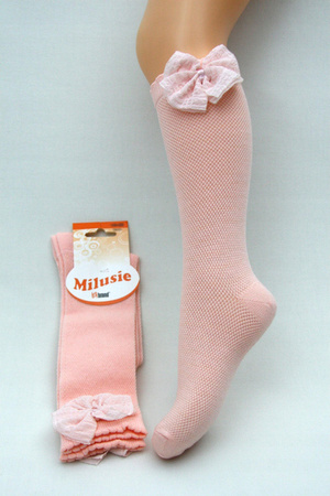 Milusie Podkolanówki Bawełniane Siateczka z Puszystą Kokardą Rozmiar: 24-27 Łososiowe