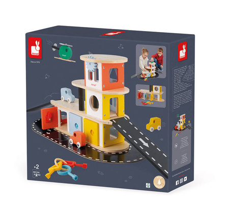 Janod Drewniany garaż piętrowy z 4 akcesoriami Bolid 2+